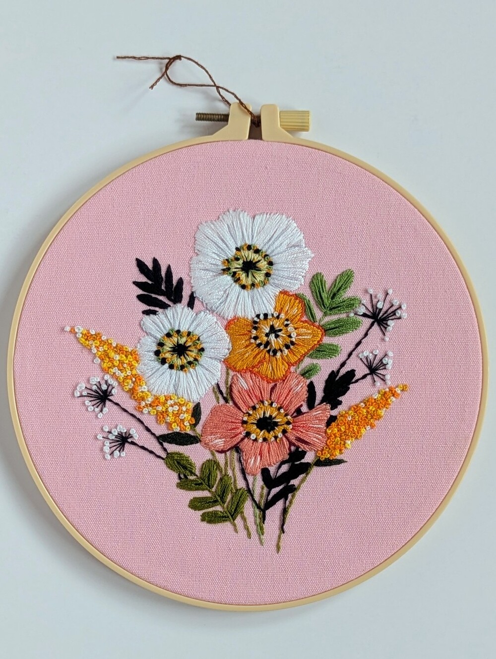 Handmade Embroidered Floral Hoop Art Pink Background Botanical Wall Decor